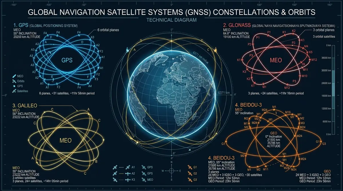 Схема орбит и группировок спутников GPS, ГЛОНАСС, BeiDou и Galileo