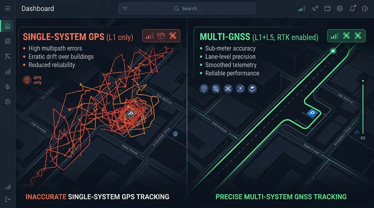 Сравнение погрешности трека: стояночный дрейф моно-GPS и сглаженный трек мультисистемного GNSS терминала
